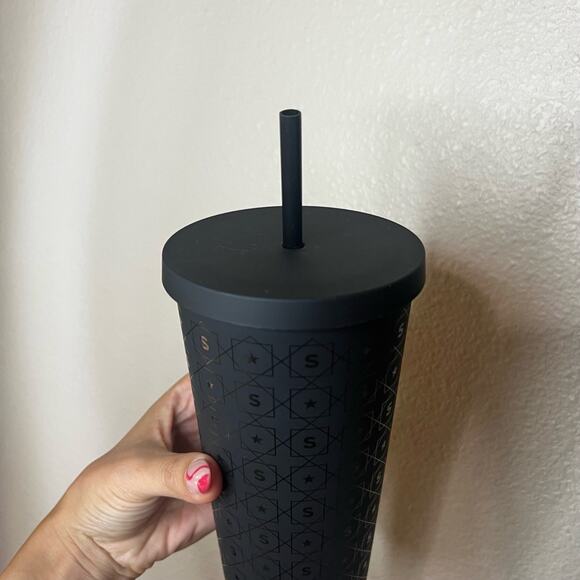 NEW Starbucks 2017 Cold Cup Tumbler 24 OZ Venti Matte Black Star S Pattern - Picture 3 of 6